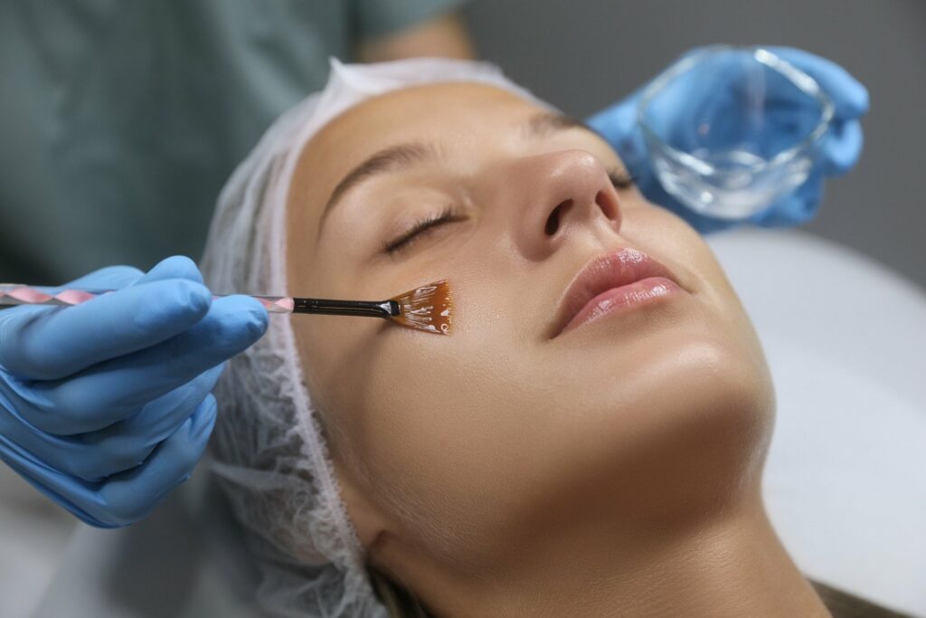 receiving chemical peel benefits, fixing uneven skin tone, tightening skin